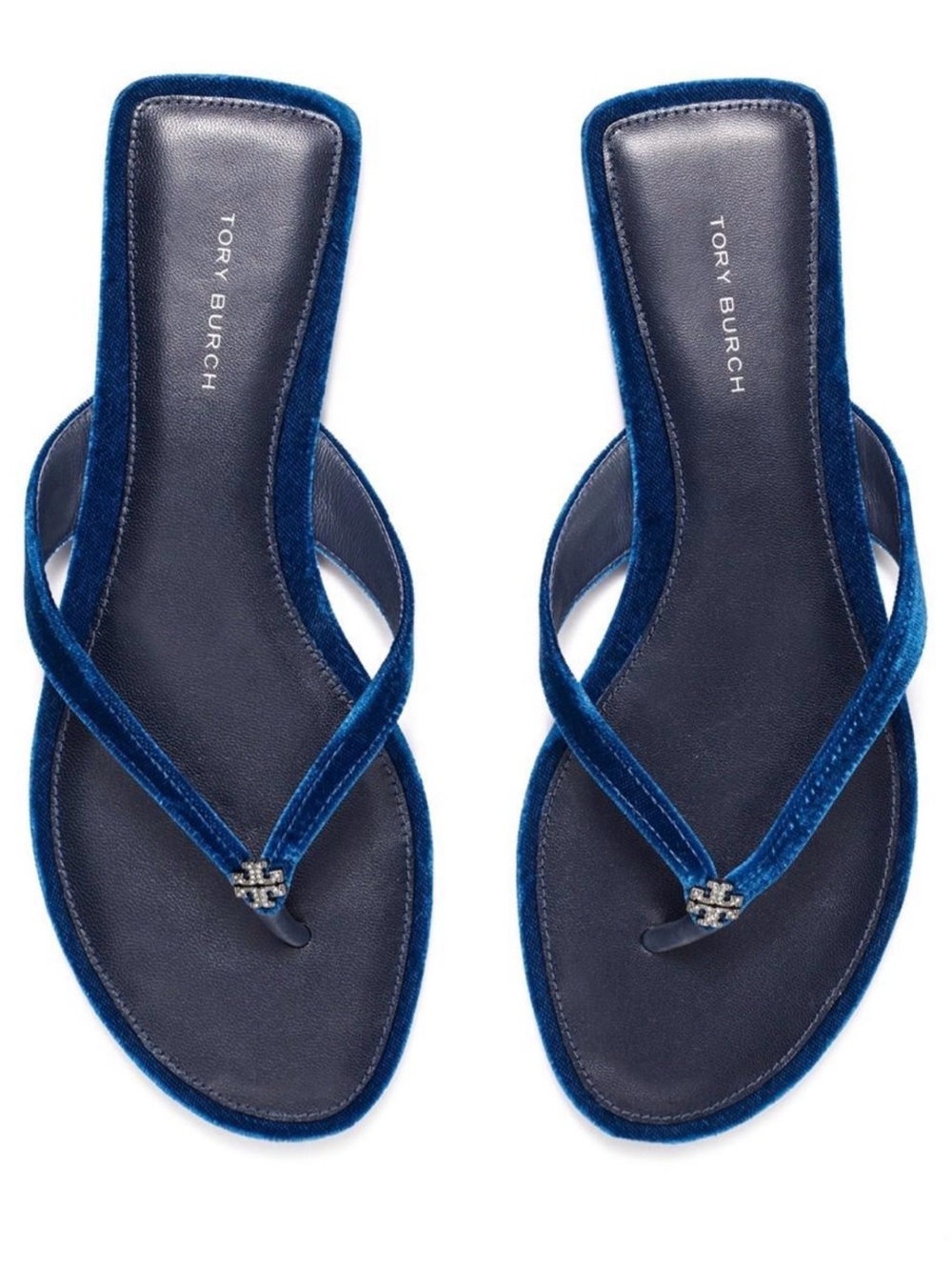 Tory Burch Royal Blue Velvet Thong Sandals with Logo Accent